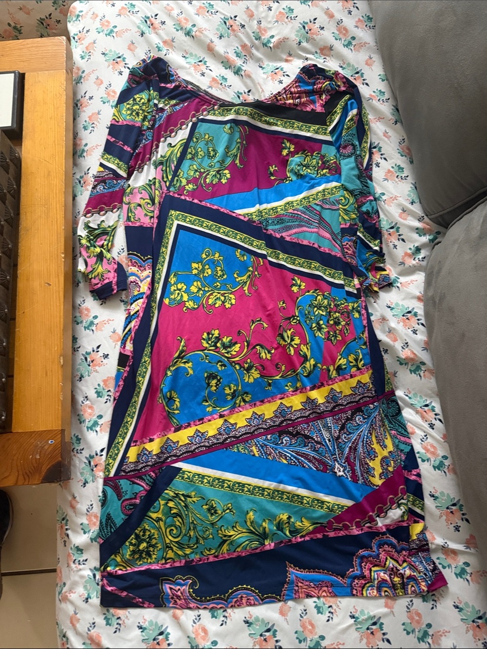 YMI Long Sleeve Mixed Print Maxi Dress in Magenta, Blue and Teal